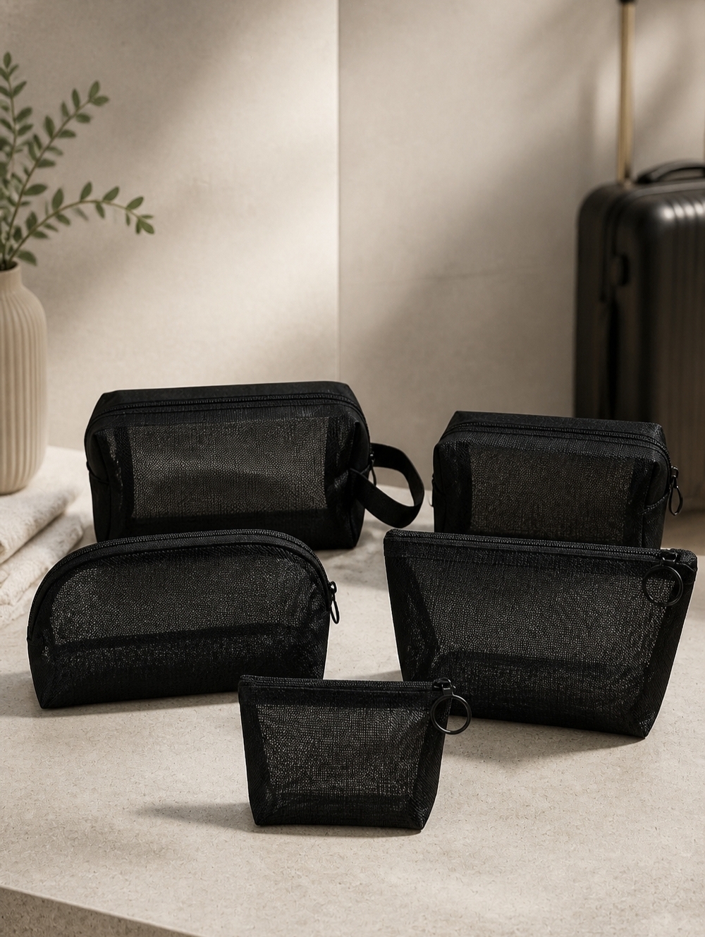 Black Mesh Travel Cosmetic Bag Set - 5 Piece